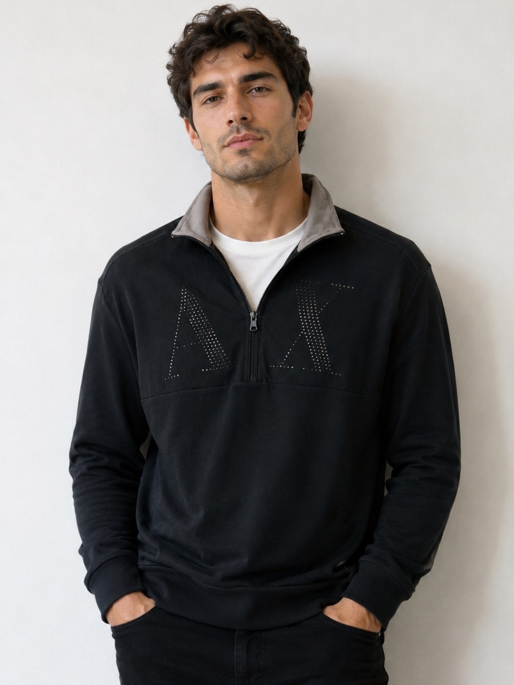 Armani Exchange Black Half-Zip Sweater with Contrast Collar